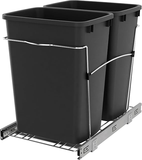 Rev-A-Shelf Double 35 Qt Pullout Trash Can for Base Kitchen Cabinets, Garbage Waste Bin System with Full-Extension Slides, Min Opening Width of 14.5", Black, RV-18KD-18C S