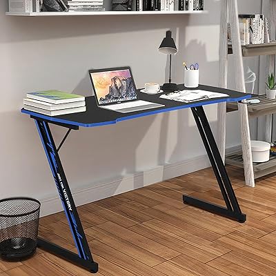 YRLLENSDAN 47 ” Gaming Desk Z Shaped Computer Desk Ergonomic Office Home Desk Simple Table PC Workstaion Gaming Table with Mouse Pad& Headphone Hook for Bedroom, Workstation, Blue