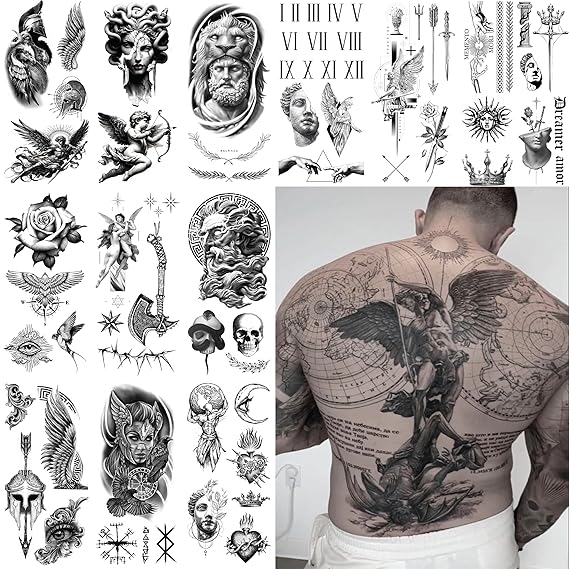 Impressed Modern Masuline Full Sleeve Semi Permanent Fake Tattoos for Men - Geometric Greek, Roman, Viking Gods & Goddess, Bird Wings, Axe, Knight - Large Realistic Temporary Tats for Guys